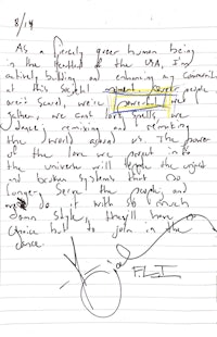 a handwritten letter with a yellow pen on it